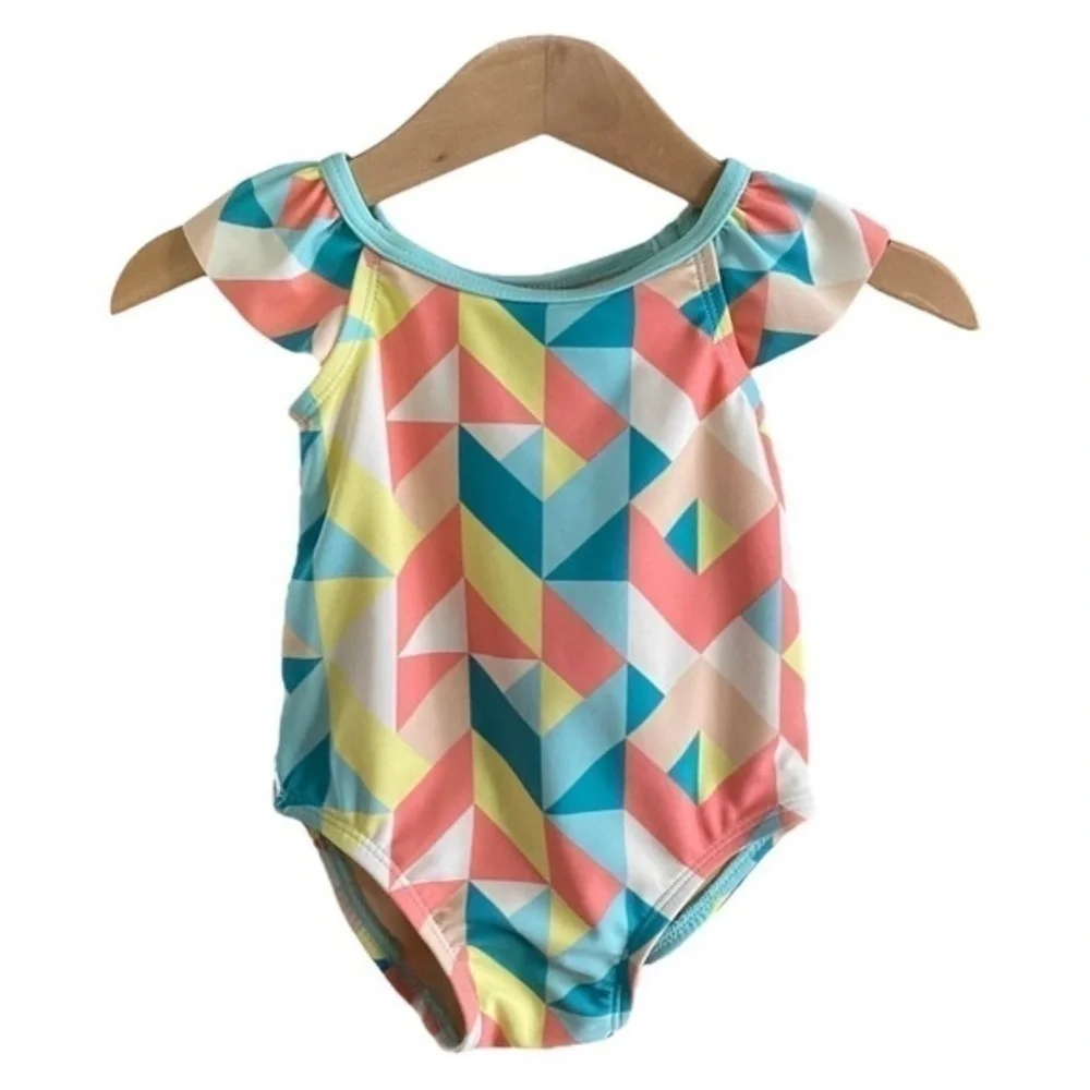 Tea Collection Colorful Geometric Shapes Printed Ruffle Swimsuit size 3-6m